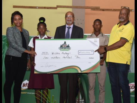 From Left: Nekesha Barthlomew-Ramey, consumer marketing manager, Nestle Jamaica Ltd, Zabranda Samuel, Green Island High School representative, Ray Harvey, chairman, Western Relays, Tijanh Samuels, Grange Hill High School representative, and Tony Myers, mee