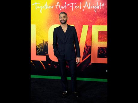 Kingsley Ben-Adir poses on the black carpet at the Los Angeles premiere of ‘Bob Marley: One Love’. 