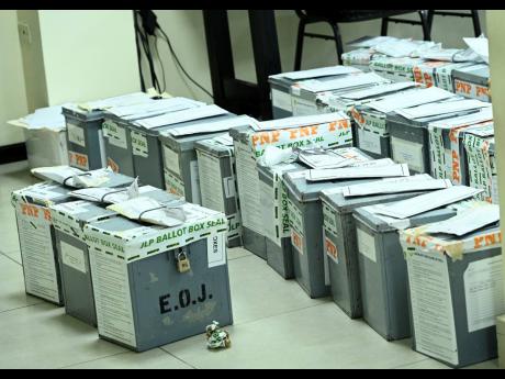 Ballot boxes inside the Electoral Office of Jamaica's downtown Kingston office on Tuesday, a day after the local government elections.