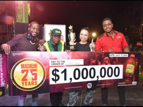 The new Global Sound Clash winners (from left) Anthony ‘DJ Skeng’ Walker, Rohan ‘Little Shabba’ Henry, and Marie ‘Bad Gal Marie’ Sano collect their winning cheque from Brandon Wallace, brand manager of Magnum Tonic Wine.
