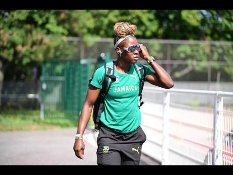 Shericka Jackson heads to the track at the Complexe sportif de l’île des Vannes in Paris, France yesterday.