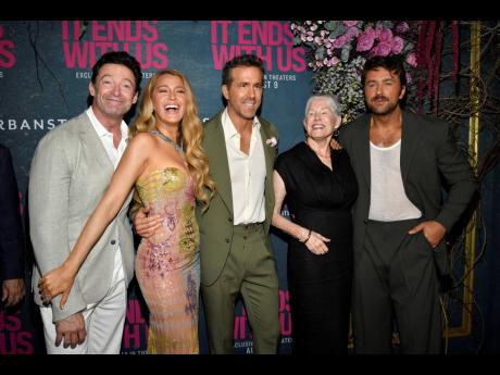 From left, Hugh Jackman, Blake Lively, Ryan Reynolds, Tammy Reynolds, and Brandon Sklenar attend the world premiere of ‘It Ends with Us’ at AMC Lincoln Square on August 6,  in New York. 