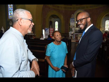 Veteran journalist Barbara Gayle (centre) in conversation with fellow veteran Earl Moxam (left) and former fellow Journalist of the Year Jovan Johnson at The Gleaner’s 190 anniversary service at the Cathedral of the Most Holy Trinity in Kingston on Decem