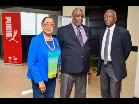 From left: Chairman of the Gibson-McCook Relays Committee Dr Marion Bullock-Ducasse, Vice-Chairman Errol Greene, and Michael Vaccianna, chairman of the Board of Management at Kingston College, at yesterday’s 2025 Gibson-McCook Relays press launch at The 