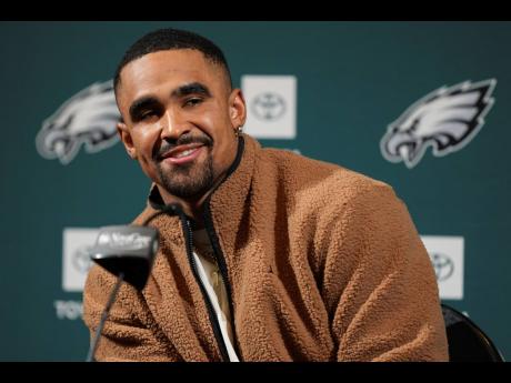 Philadelphia Eagles quarterback Jalen Hurts speaks during an NFL football news conference in Philadelphia on Friday.