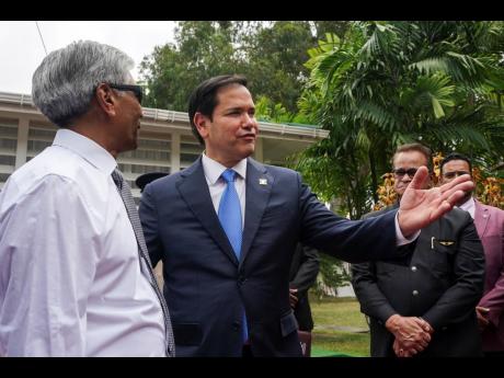 US Secretary of State Marco Rubio gestures as he visits Georgetown, Guyana.