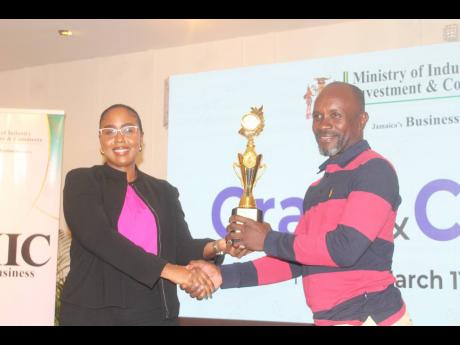 Credit: Paul H Williams Robert Maxwell Campbell receiving his award for ‘Best Interior Product’ from Lliana Blake, acting senior director, Industry Division, Ministry of Industry, Investment and Commerce.