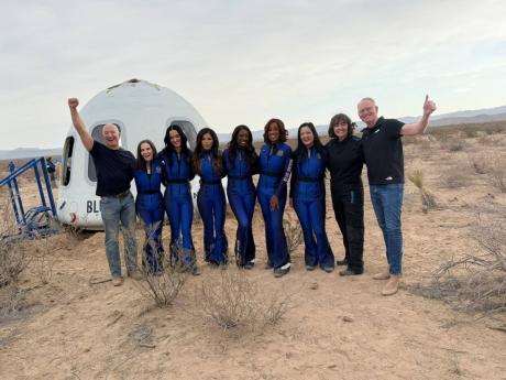 Credit: AP This image provided by Blue Origin shows from left: Jeff Bezos, Kerianne Flynn, Katy Perry, Lauren Sanchez, Aisha Bowe, Gayle King, Amanda Nguyen, Sarah Knights, director of Blue Origin's astronaut office, and Blue Origin CEO Dave Limp.