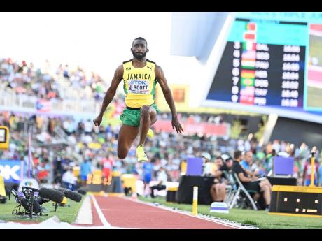 Jamaica’s Jordan Scott competing in the men’s triple jump qualifiers at the World Athletics Championships in Oregon in 2022.