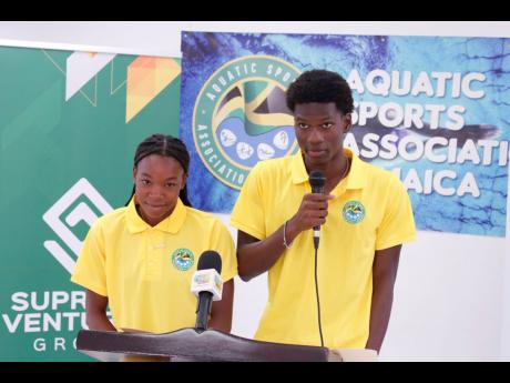 Credit: Contributed
Jamaica’s 2025 Goodwill Swimming Championship girls’ captain Renae Chung (left) and boys’ captain Kabiki Thomas introduce the team members during the media coverage at the National Stadium on Tuesday.