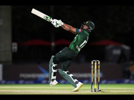 Credit: AP Pakistan’s Hasan Nawaz hits a six during the third Twenty20 cricket match against the West Indies in Lauderhill, Florida, on Sunday.