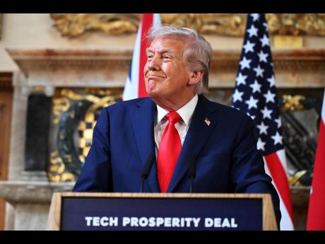 President Donald Trump attends a joint press conference with Britain's Prime Minister Keir Starmer at Chequers near Aylesbury, England.