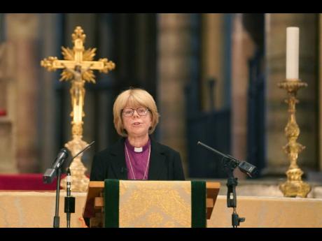 Sarah Mullally, the new Archbishop of Canterbury, spiritual leader of the world's 85 million Anglicans, speaks inside Canterbury Cathedral in Canterbury, England, Friday, October 3, 2025. (AP Photo/Alberto Pezzali)