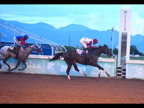 Anthony Minott/Freelance Photographer
IS THAT A FACT (right), ridden by Shaheem Gordon, wins the Errol ‘Big Sub’ Subratie Memorial Trophy ahead of RUN JULIE RUN (Dane Dawkins) over a mile  at Caymanas Park yesterday.