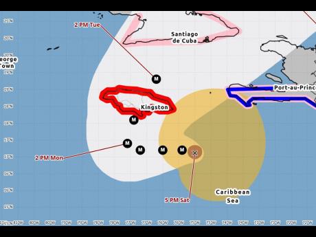 Credit: AG Guest Guest The cone from the United States' National Hurricane Centre contains the probable path of the centre of Hurricane Melissa at 4 p.m on October 25, 2025. It does not show
the size of the storm. Hazardous conditions can occur outside of the cone.