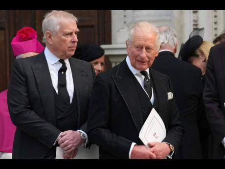 Britain’s Prince Andrew, left, and Britain’s King Charles III leave after the Requiem Mass service for the Duchess of Kent at Westminster Cathedral in London, Tuesday, September 16, 2026. (AP Photo/Joanna Chan, File)