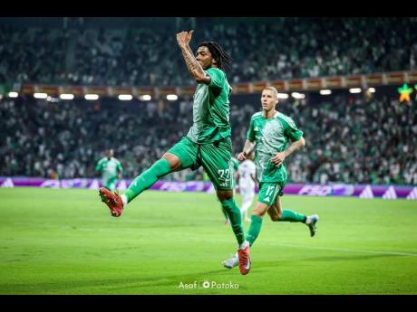 Credit: Courtesy of @T_stewart9/IG Trivante Stewart celebrates scoring a goal for Israeli club Maccabi Haifa.