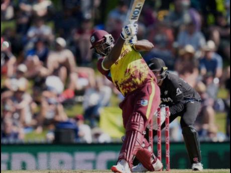 Credit: CWI photo West Indies’ Romario Shepherd on the go during his innings of 49 runs off 34 balls during the third T20 International cricket match against New Zealand at Saxton Oval in Nelson, New Zealand, on Saturday.