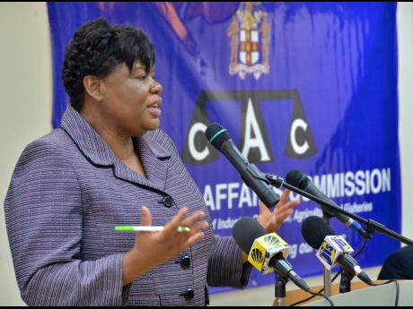 In this July 2017 JIS photo, Consumer Affairs Commission CEO Dolsie Allen speaks during the agency’s quarterly media briefing at the offices of the Ministry of Industry in New Kingston.