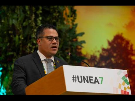 Credit: -Contributed photo Jamaica’s Minister of Water, Environment, and Climate Change, Matthew Samuda, addresses delegates at the United Nations Environment Assembly in Nairobi, Kenya, on December 12, following his election as president.