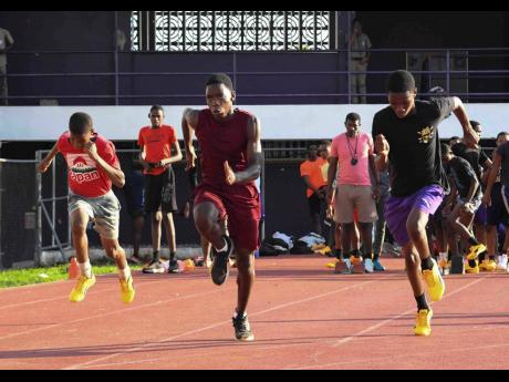 From left: Sprint hurdlers Lincoln Tinglin, Jordan Griffiths and Tejanunie Linton in training at Kingston College’s Elletson Road compound in Kingston on Wednesday, January 28, 2026.