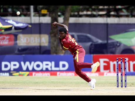 Vitel Lawes of West Indies bowls during the ICC U19 Men’s Cricket World Cup cricket match against South Africa at HP Oval on January 22 in Windhoek, Namibia. 